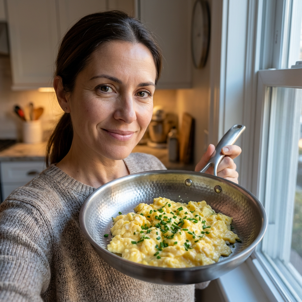 Laura dorando patatas en la sartén Mireve