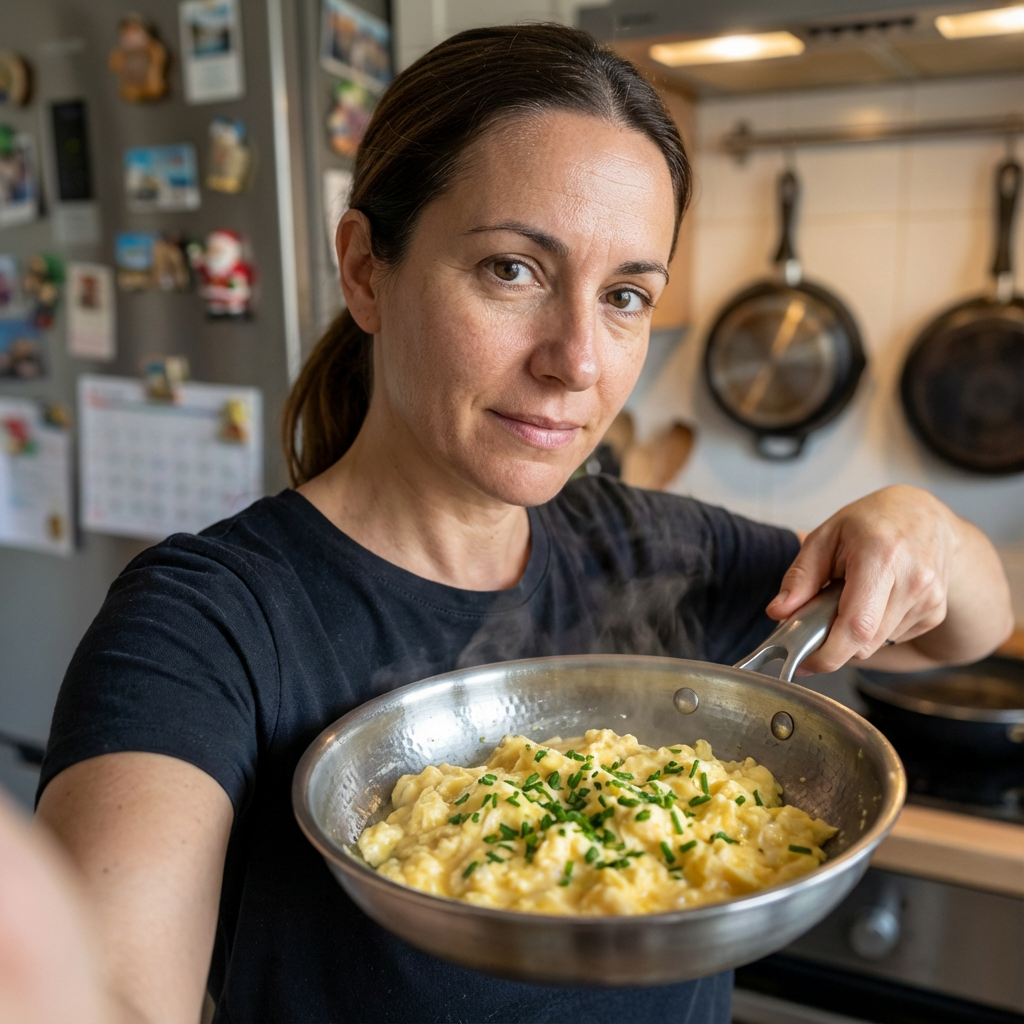 Marta mostrando huevos revueltos en la sartén Mireve