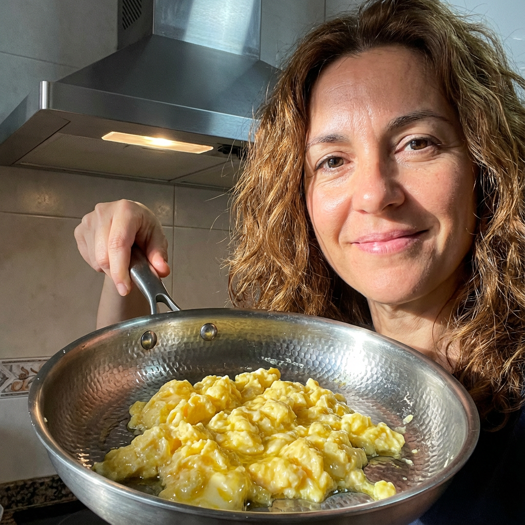 Laura cocinando pasta en la sartén Mireve