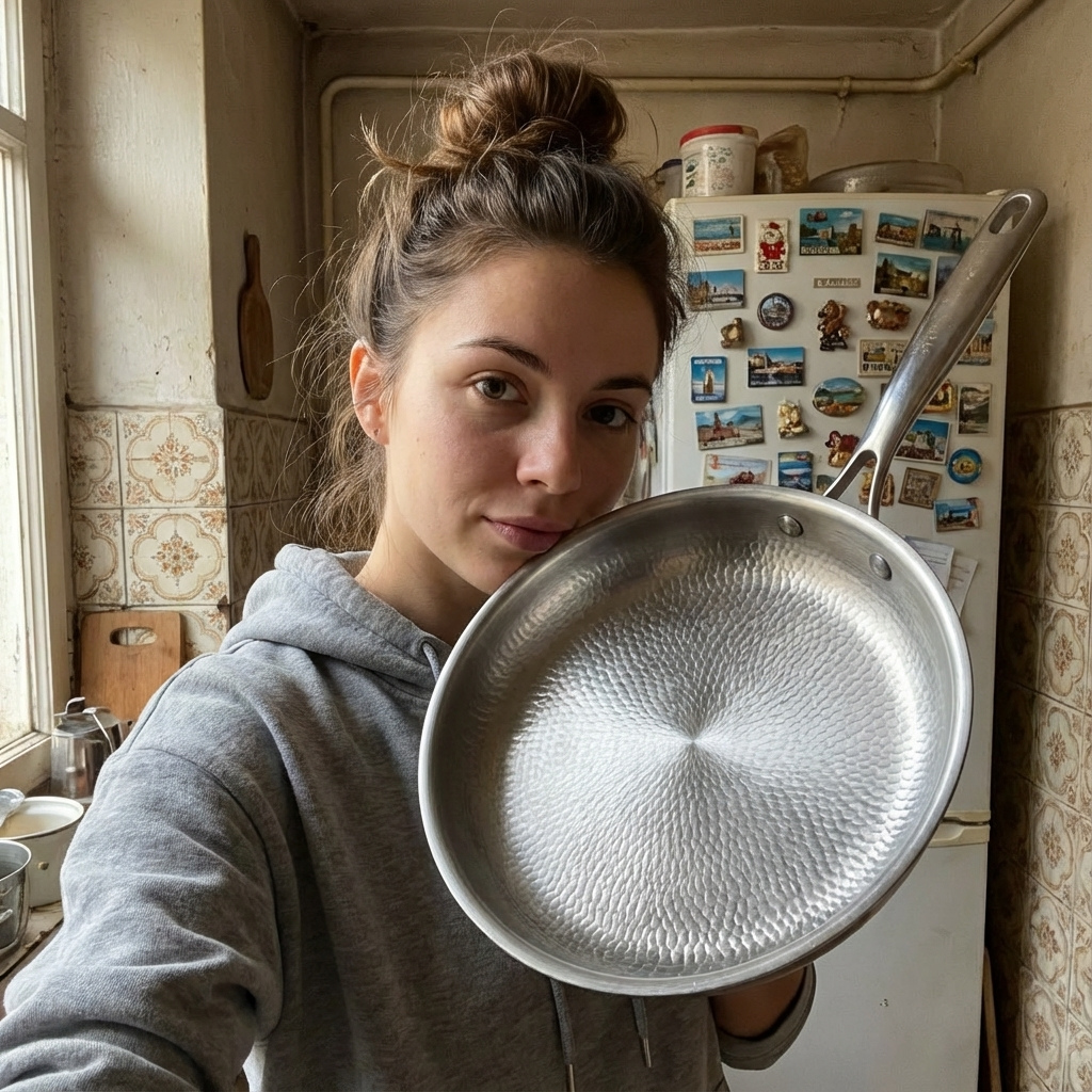 Paula sujetando la sartén Mireve recién lavada