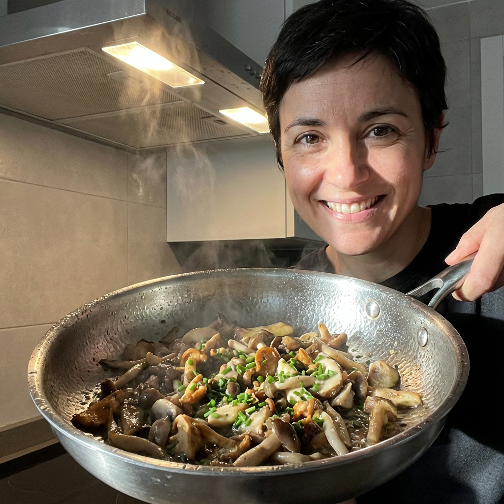 Ana mostrando verduras salteadas en la sartén Mireve