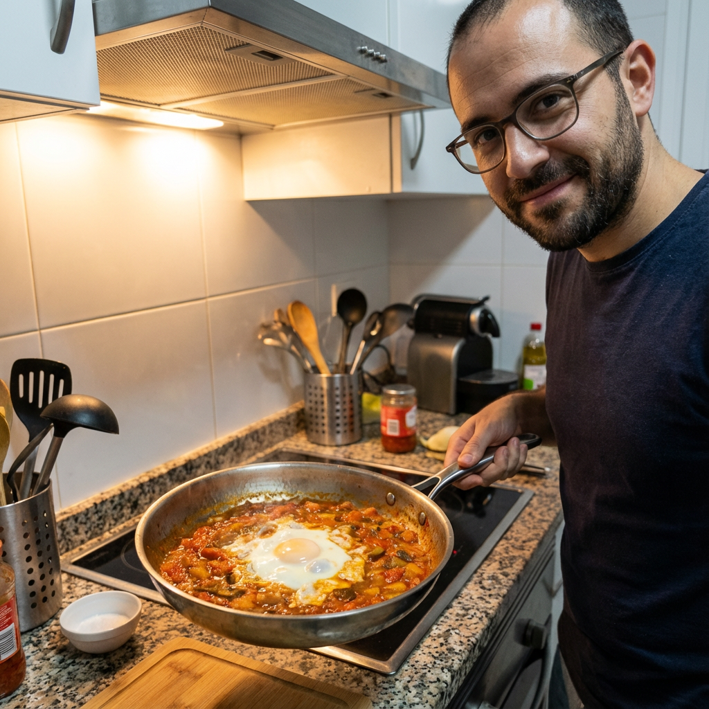 Javier cocinando verduras en la sartén Mireve